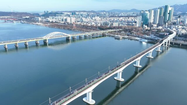 [korea drone footage] Korea, Seoul, City, Dangsan Bridge, Snow, winter