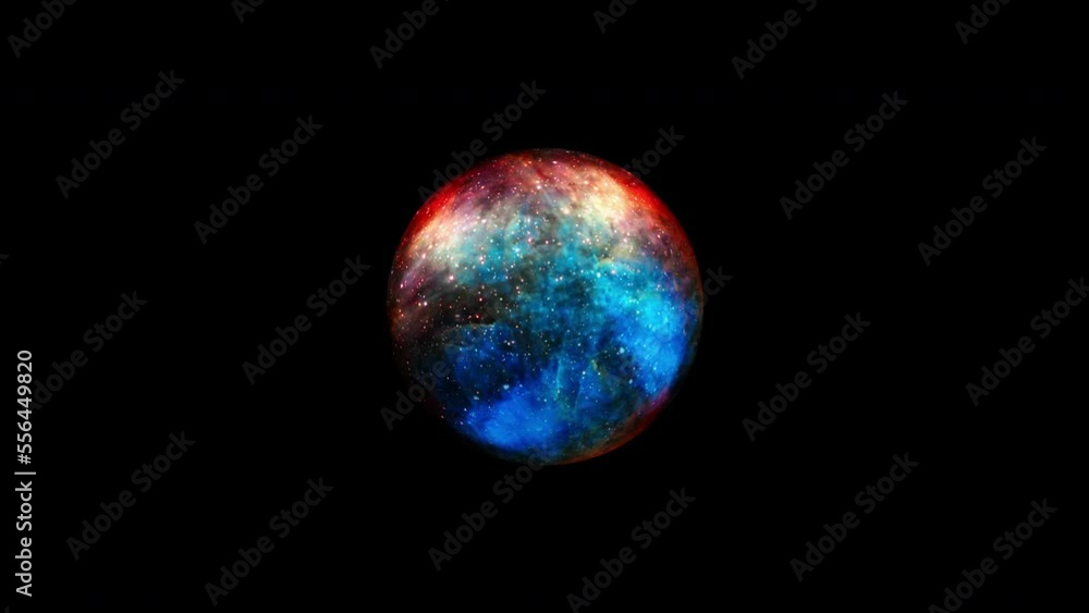 Poster abstract loop space exploration with dark blue planet surface in outer space on black background.