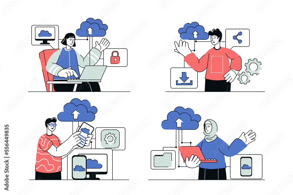 Poster cloud computing concept set in flat line design. men and women use cloud storage server to backup pe