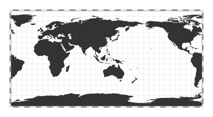 Vector world map. Equirectangular (plate carree) projection. Plain world geographical map with latitude and longitude lines. Centered to 120deg W longitude. Vector illustration.