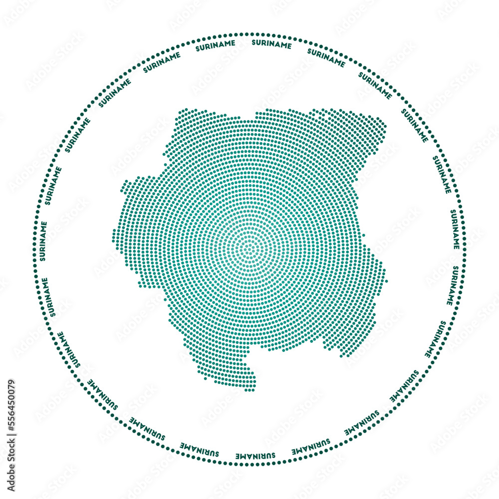 Poster suriname round logo. digital style shape of suriname in dotted circle with country name. tech icon o