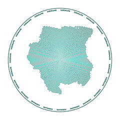 Suriname round logo. Digital style shape of Suriname in dotted circle with country name. Tech icon of the country with gradiented dots. Stylish vector illustration.