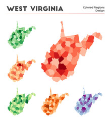 West Virginia map collection. Borders of West Virginia for your infographic. Colored us state regions. Vector illustration.