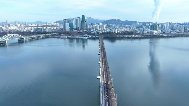 [korea drone footage] Korea, Seoul, City, Dangsan Bridge, Snow, winter