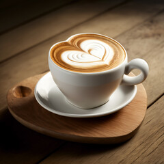 White coffee cup with heart-shaped latte art, close-up