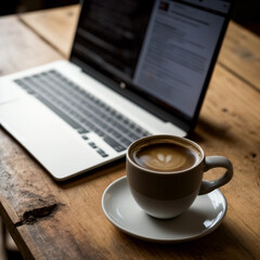 Cup of coffee and laptop on wooden table