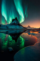 Fototapeta na wymiar Beautiful northern lights landscape. Aurora borealis above mountains reflected in the sea. AI 
