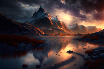 Epic winter mountains landscape at sunset. AI