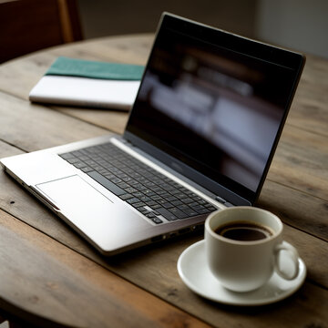 Cup of coffee and laptop on wooden table