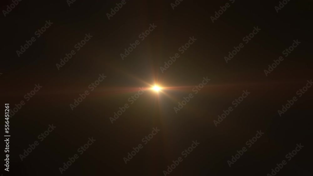 Poster Loop center gold optical Lens Flare flashes flickering for screen project overlayon black background. 4K 3D loop animation flash light lens flare with spinning shine shimmer and sparking exploding lig