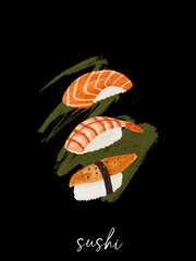 Watercolour sushi set on black background. Salmon, eel and shrimp  nigiri roll collection. Japanese asian food with abstract shape artwork. Vector illustration