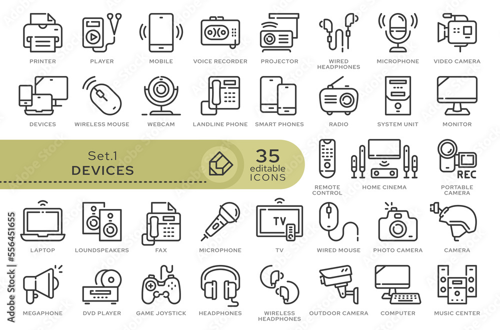Fototapete Set of conceptual icons. Vector icons in flat linear style for web sites, applications and other graphic resources. Set from the series - Devices. Editable outline icon.	