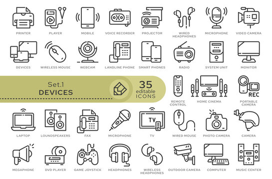 Set of conceptual icons. Vector icons in flat linear style for web sites, applications and other graphic resources. Set from the series - Devices. Editable outline icon.	