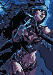 Woman Hero Fantasy Creative Poster Image,  Epic dark and skilled female warrior. Medieval lady with katana or sword fighting the enemies. Hooded warrior.