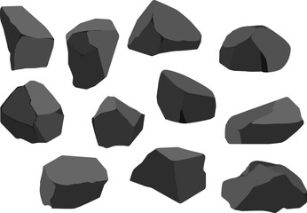 A set of black charcoal of various shapes.Collection of pieces of coal, graphite, basalt and anthracite. The concept of mining and ore in a mine.Rock fragments,boulders and building material.