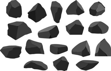 A set of black charcoal of various shapes.Collection of pieces of coal, graphite, basalt and anthracite. The concept of mining and ore in a mine.Rock fragments,boulders and building material.
