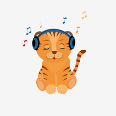Cartoon vector  little tiger with headphones sitting  listening to music