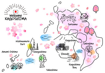 春の鹿児島県の観光地のシンプル線画イラストマップ（ピンク）