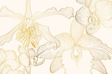 Luxury wallpaper design with golden orchids and natural background. Line design for wall art, fabrics, prints and background texture, illustration. © Iuliia