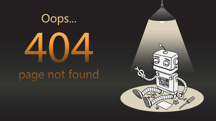 creative hand drawn broken tired sad exhausted robot machine under lamp with beam of light. page not found with 404 error design vector illustration