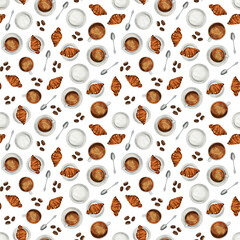 Traditional English Breakfast Seamless Pattern, Watercolor Breakfast print, Morning meal background, Fried eggs, bacon, toast, tomato, mushrooms, baked beans, sausages, black pudding