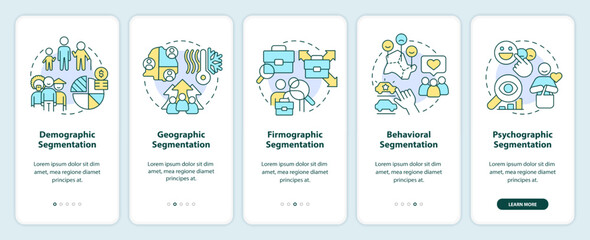 Type of market segmentation onboarding mobile app screen. Walkthrough 5 steps editable graphic instructions with linear concepts. UI, UX, GUI template. Myriad Pro-Bold, Regular fonts used
