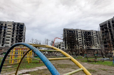 destroyed and burned houses in the city Russia Ukraine war