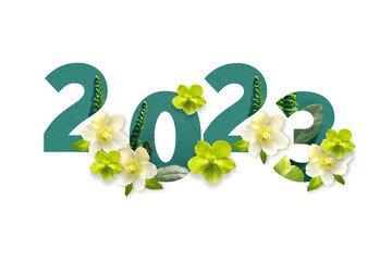 2023 happy new year. Green number outlines with white and green flowers. White and green helleborus...