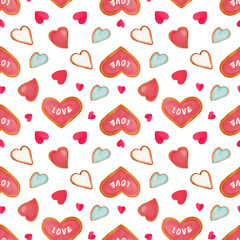 Watercolor seamless pattern with heart shaped cookies, for fabric, packaging, wallpaper