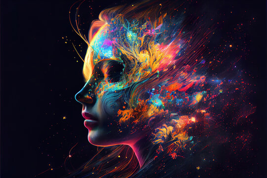 beautiful fantasy abstract portrait of a beautiful woman double exposure with a colorful digital paint splash or space nebula, generative ai