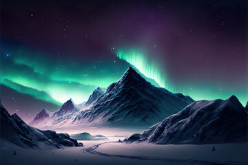 beautiful colorul fantasy aurora borealis over the snowy mountain peak, generative ai