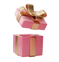 Pink gifts box open 3d render. box with gold glossy ribbon isolated on white background. Holiday decoration presents. Realistic icon for birthday or wedding banners. PNG © Hanna_zasimova