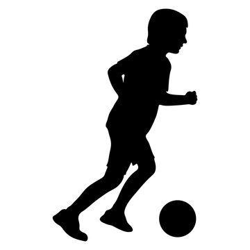 Silhouette of football player boy kicking ball, children game of soccer. Vector illustration