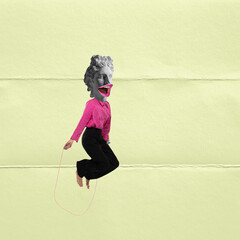 Contemporary art collage. Woman in vintage clothes with antique statue bust jumping over rope. Having fun