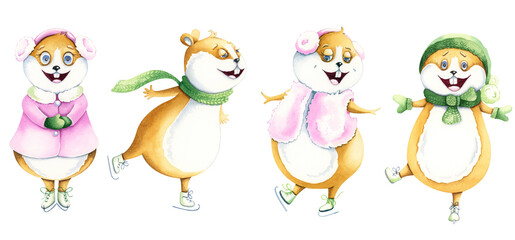 Set of watercolor characters. Hamsters skating.