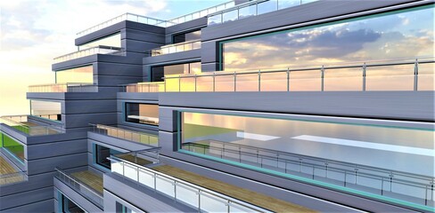 Fototapeta premium A superb sunrise behind the clouds is reflected in the glass façade of the prestigious tech hotel. The usual banner for advertising the sale of apartments. 3d rendering.