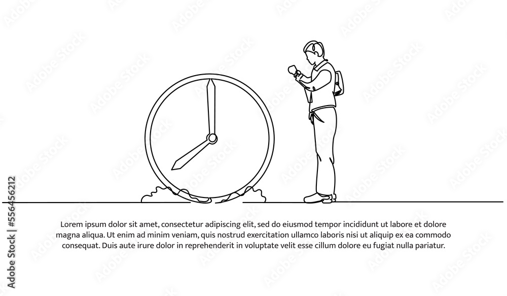 Poster continuous line design of standing workers set watches and big clocks. work management design concep