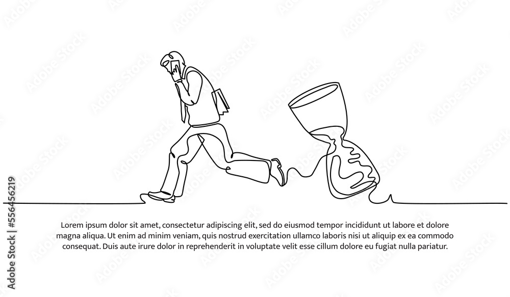 Poster continuous line design of running worker and hourglass. late and work deadline design concept. decor