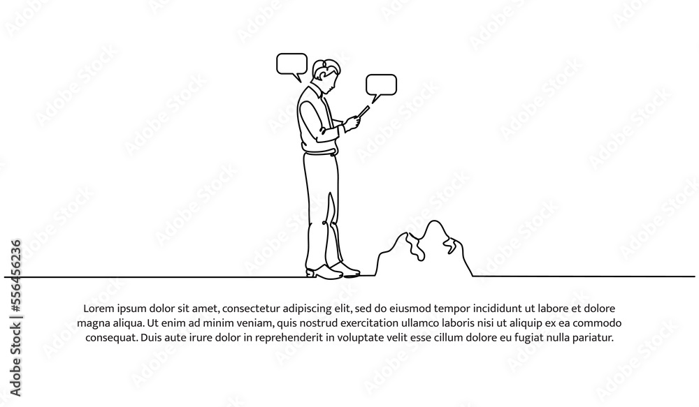 Poster continuous line design of man engrossed in cell phone not seeing any stones in front of his. decorat