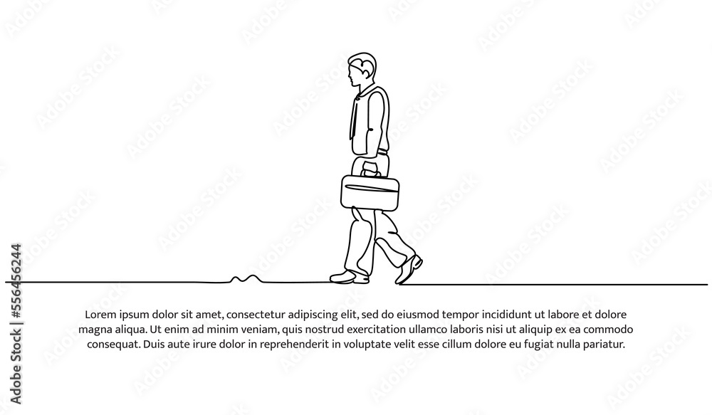 Poster continuous line design of young man walking with briefcase. design concept of going to work. decorat