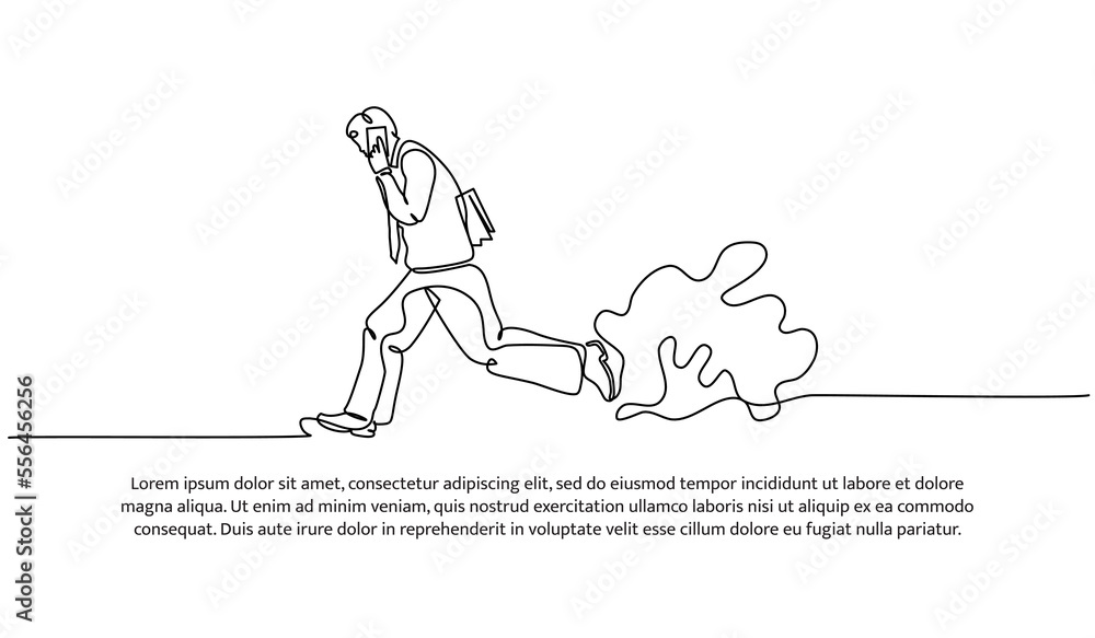 Poster continuous line design of running workers and holding phone. late going to work design concept. deco