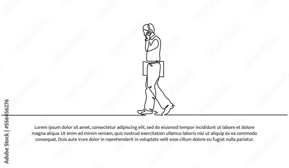 Poster continuous line design of young man walking with briefcase. design concept of going to work. decorat