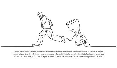 Continuous line design of running worker and hourglass. Late and work deadline design concept. Decorative elements drawn on a white background.