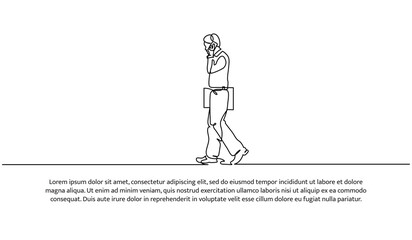 Continuous line design of young man walking with briefcase. Design concept of going to work. Decorative elements drawn on a white background.