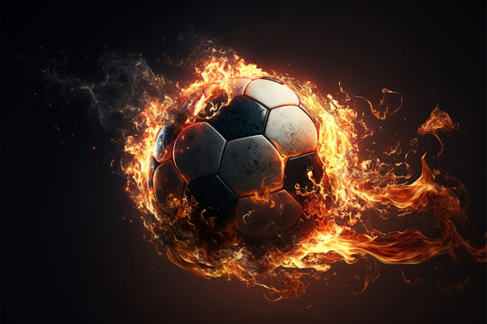 soccer ball in flames on black background. Generative AI