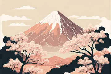 Fototapeten spring time japanese sakura cherry blossom in the mountains landscape background, generative ai © Gbor
