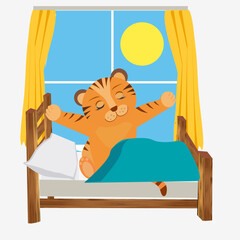 Cartoon vector red little tiger wake up in the morning