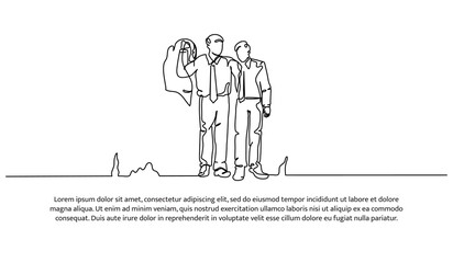 Continuous line design of man walking embracing his friend. Caring and friendship design concept. Decorative elements drawn on a white background.