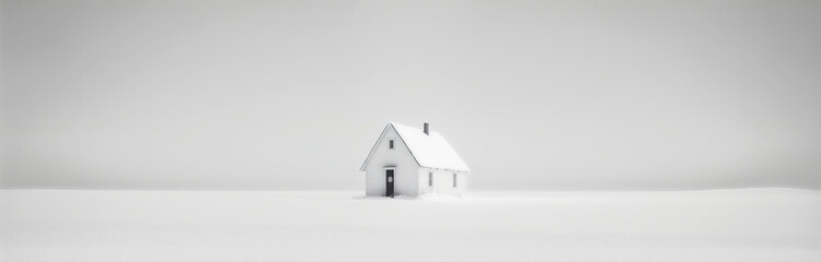 most minimalistic winter landscape illustration, lonely house in the snowfield, panoramic view, made with generative ai