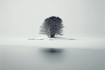 most minimalistic winter landscape illustration, lonely tree in the snowfield next to a frozen lake, made with generative ai